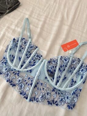 Mentionables Floral Embroidered Underwire Bustier Bra in Light & Dark Blue